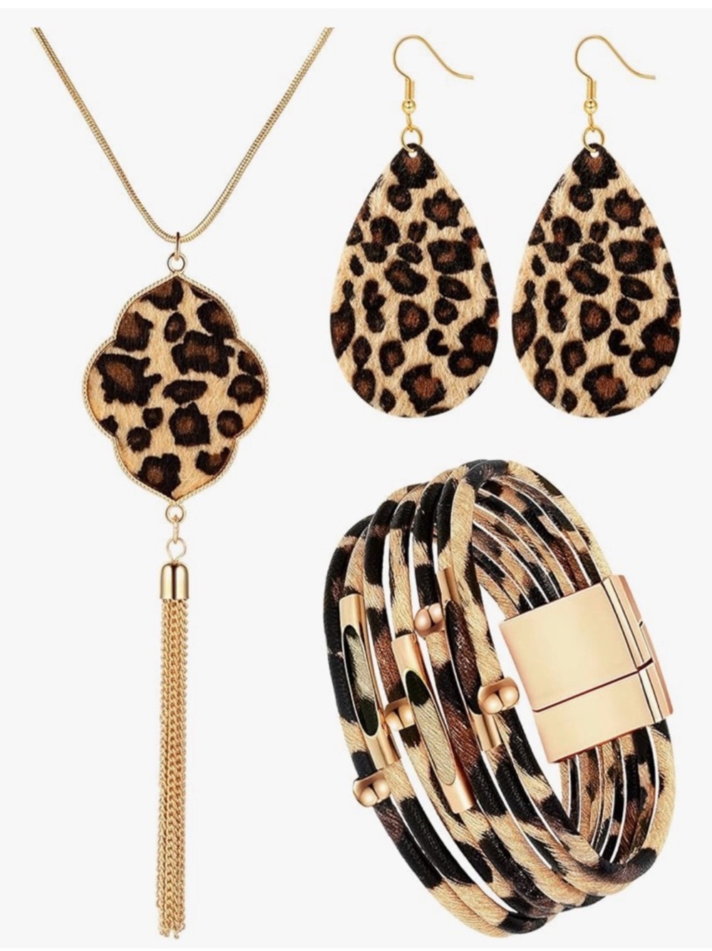 Leopard Print Tassel Necklace Bracelet and Teardrop Earrings Set - New - Picture 3 of 3